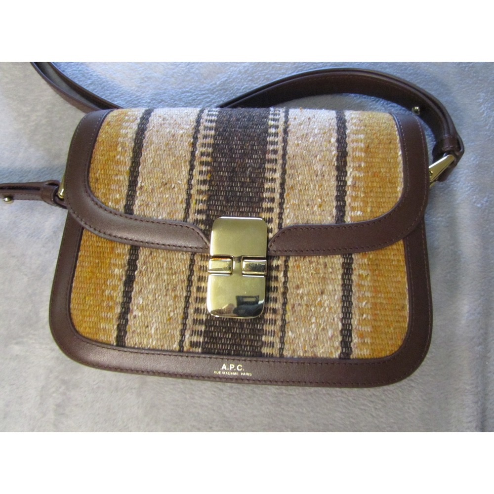A.P.C. Grace Small Striped Woven Leather Shoulder Bag Brown Ochre Gold Hardware - Picture 9 of 9